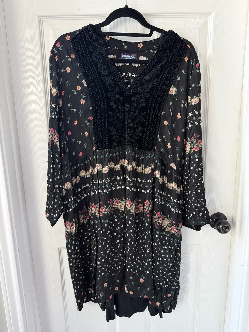 Johnny Was Black Floral Velvet-Trim Boho Tunic